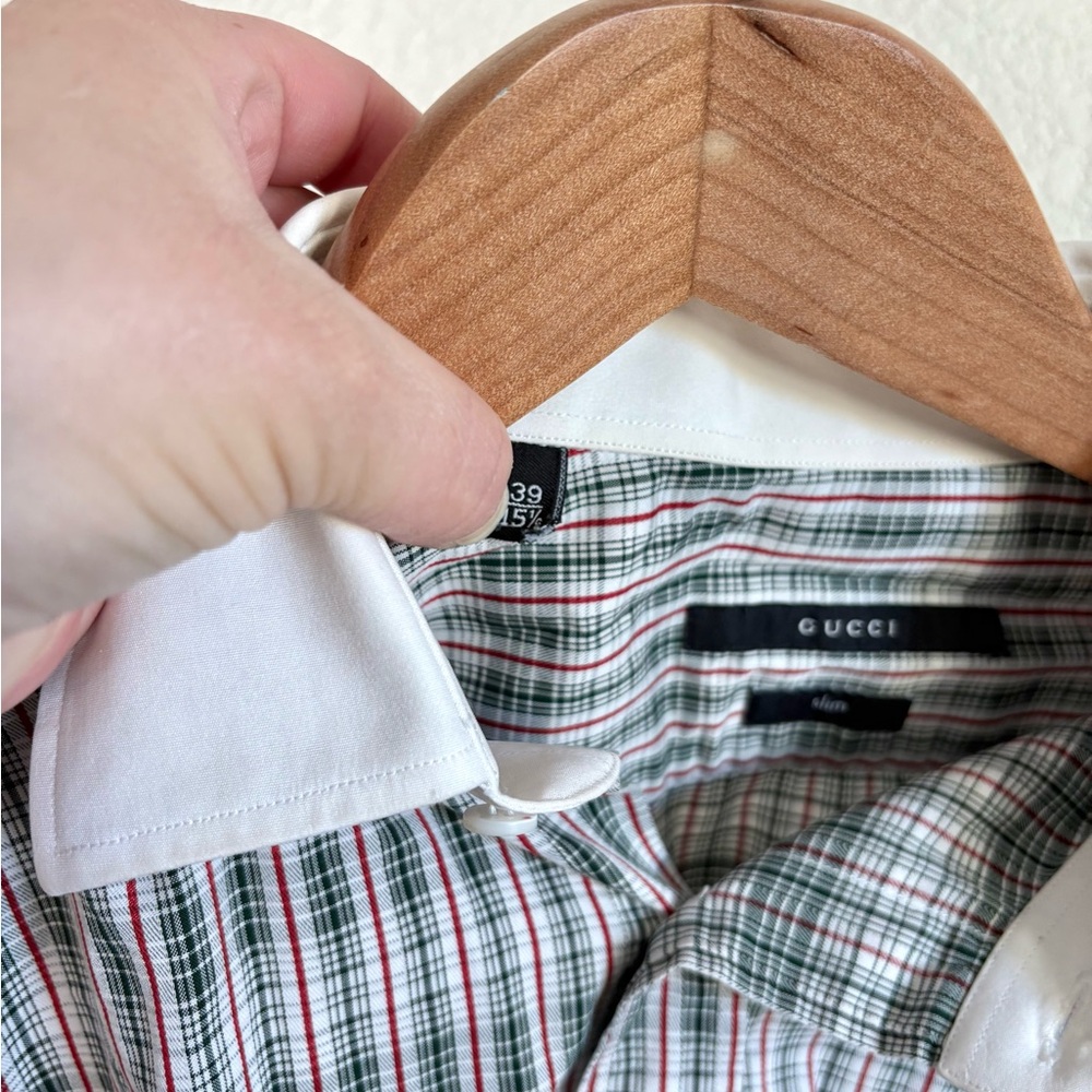 Vintage Slim Fit Gucci Green with Red Plaid White Collared Button Down size 39 - Picture 5 of 7